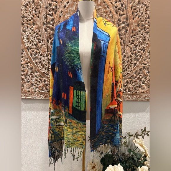 Van Gogh "Café Terrace at Night" Art Print Shaw or Scarf Warm Viscose- 72”x28.5” - Picture 5 of 13